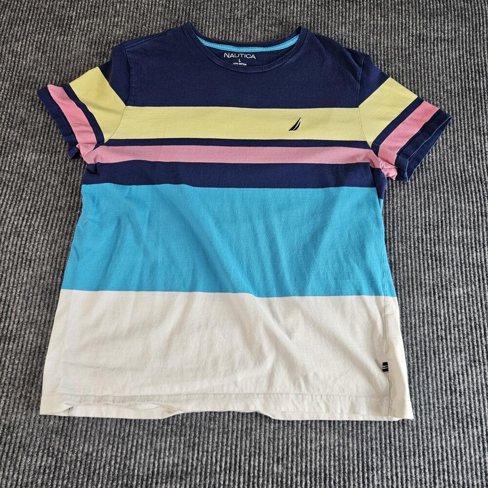 Nautica Shirt Mens Large Multi Color Striped Crewneck Sail Logo Short Sleeve